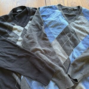 Set 2 Liz Claiborne Argyle Preppy Academy Cotton Sweater Size Large Blue Black